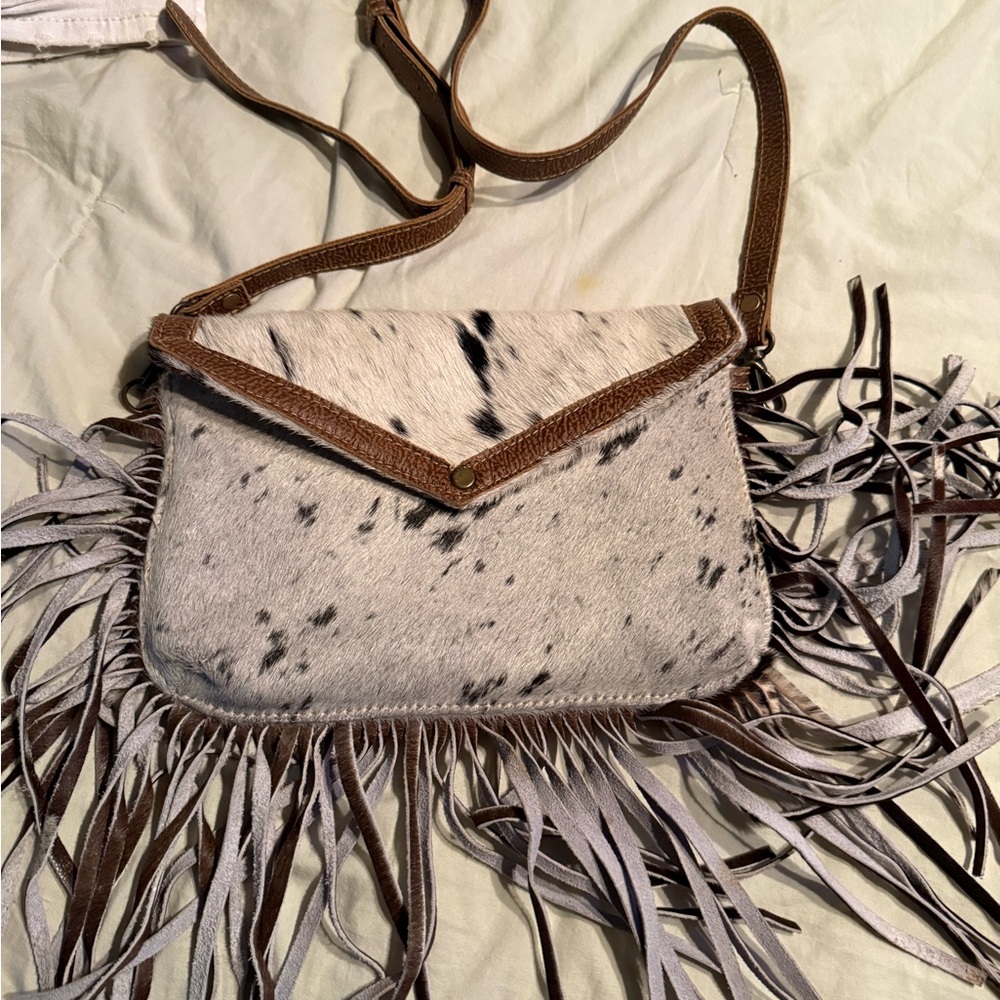 Brown and White Fringe Women's Bag
